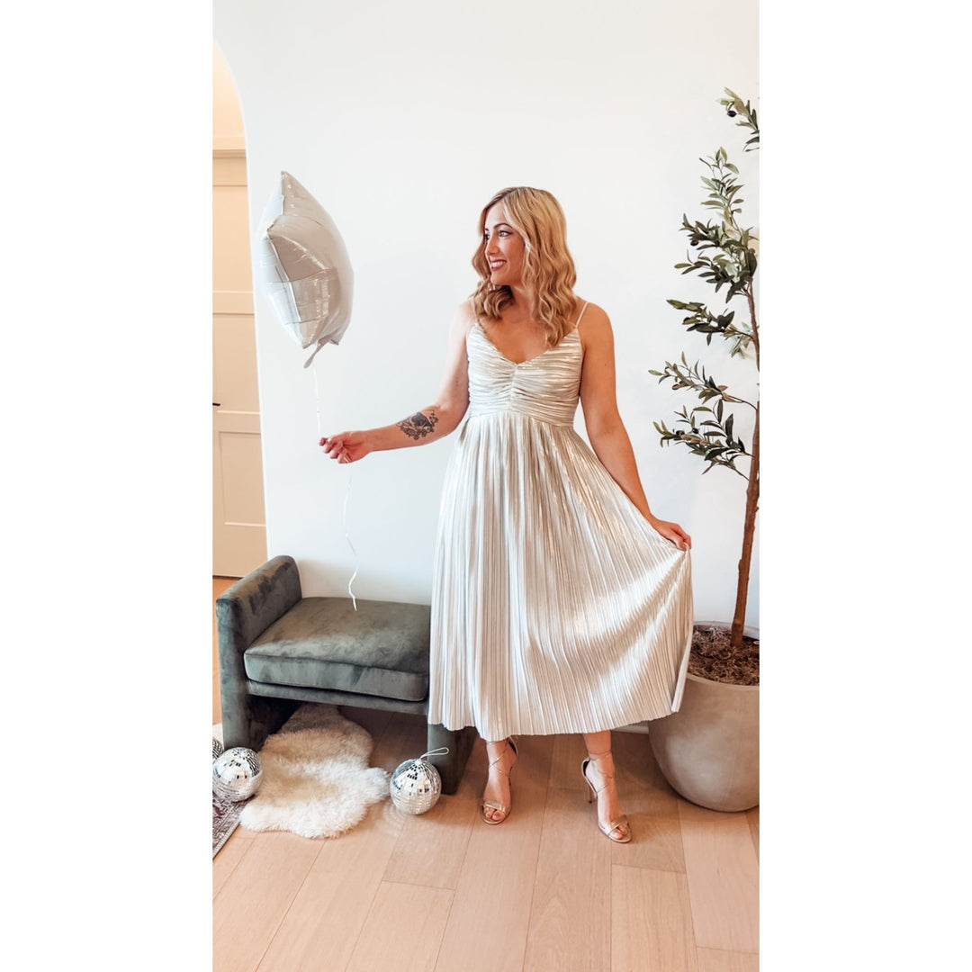 Metallic silver pleated dress The Fashion Truck KC Metallic silver pleated dress The Fashion Truck KC